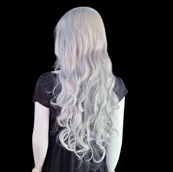 Platinum Wig Accessories - Platinum Salt & Pepper Layered Look White Color Long Hair With Wave/Wear My Wig